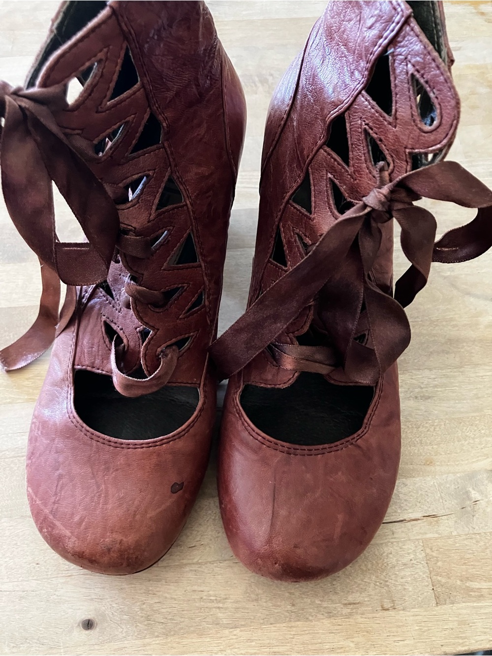 Anthropologie Burgundy Lace-Up Cutout Ankle Booties - Picture 3 of 6